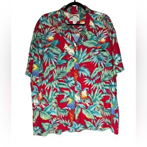 Paradise Found Parrot Hawaiian Button down Shirt Men’s Extra Large Red Summer